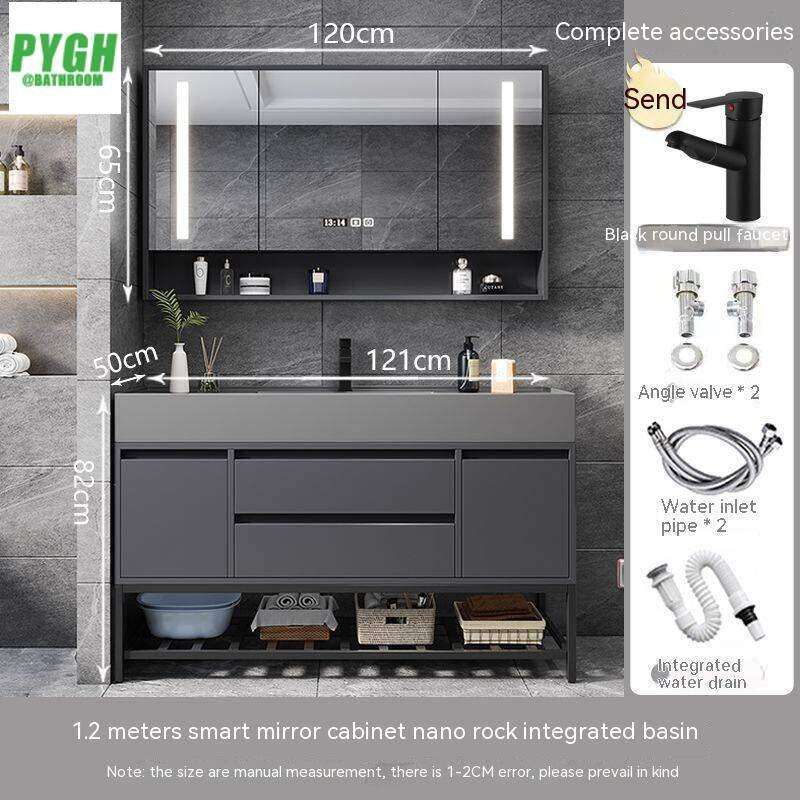 QW- Floor-mounted Basin Smart Mirror Real Wood Storage Cabinet in Bathroom