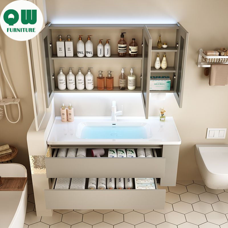 QW- Gray Solid Wood Storage Smart Mirror Cabinet Bathroom Ceramic Basin