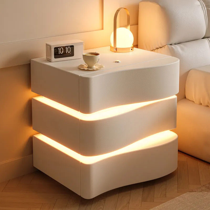 Cream Style Table, Home Bedside Storage Cabinet, Modern Solid Wood Bedroom, Smart Belt Light