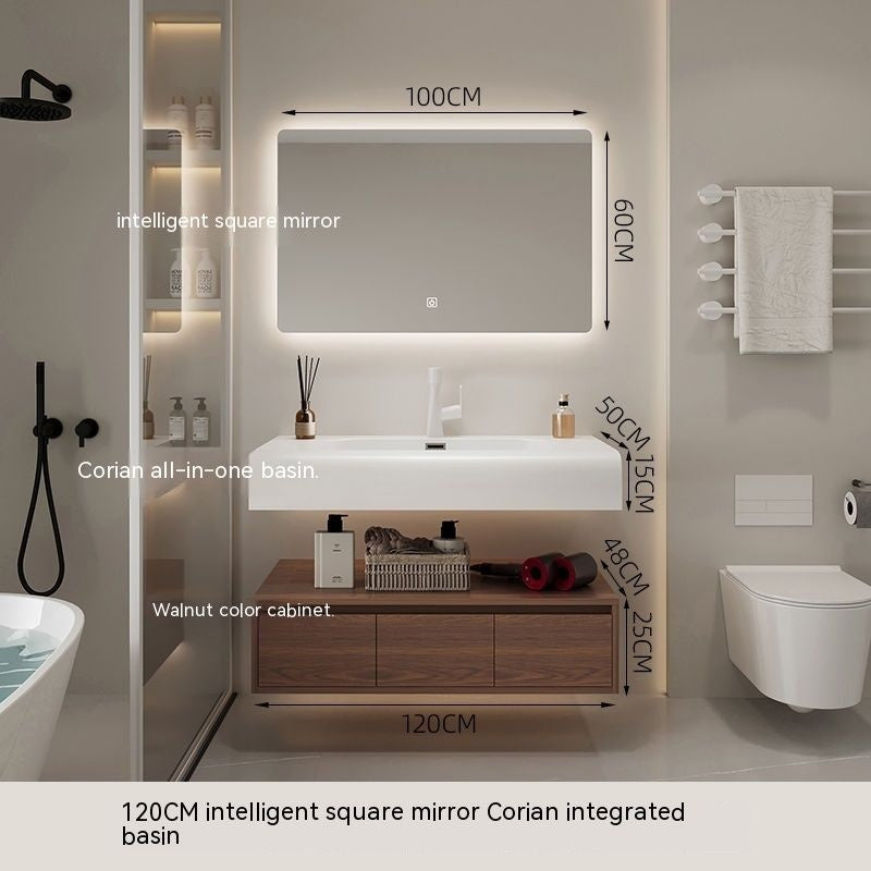 QW- Cermin Pintar daripada Kayu Walnut dengan Singki Bersepadu dan Kabinet Penyimpanan Bilik Mandi 