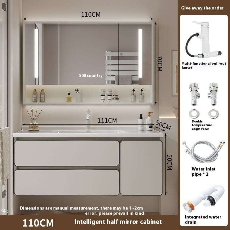 QW- Kabinet simpanan kayu asli cermin pintar di bilik mandi, sinki bilik mandi 
