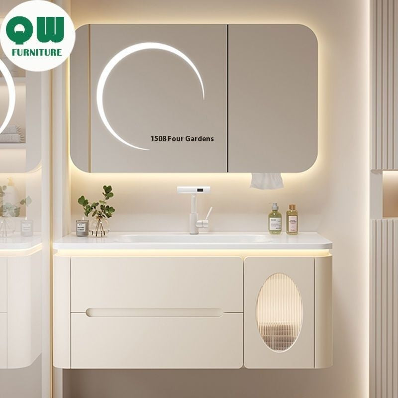 Set Kabinet Bilik Mandi Cermin Pintar Penyimpanan Kayu Oak QW- 
