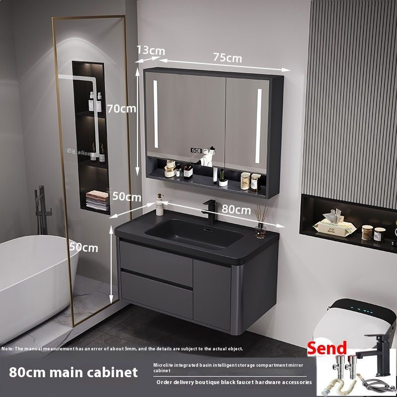 QW- Bathroom storage with smart mirror and black glass cabinet made of real wood.