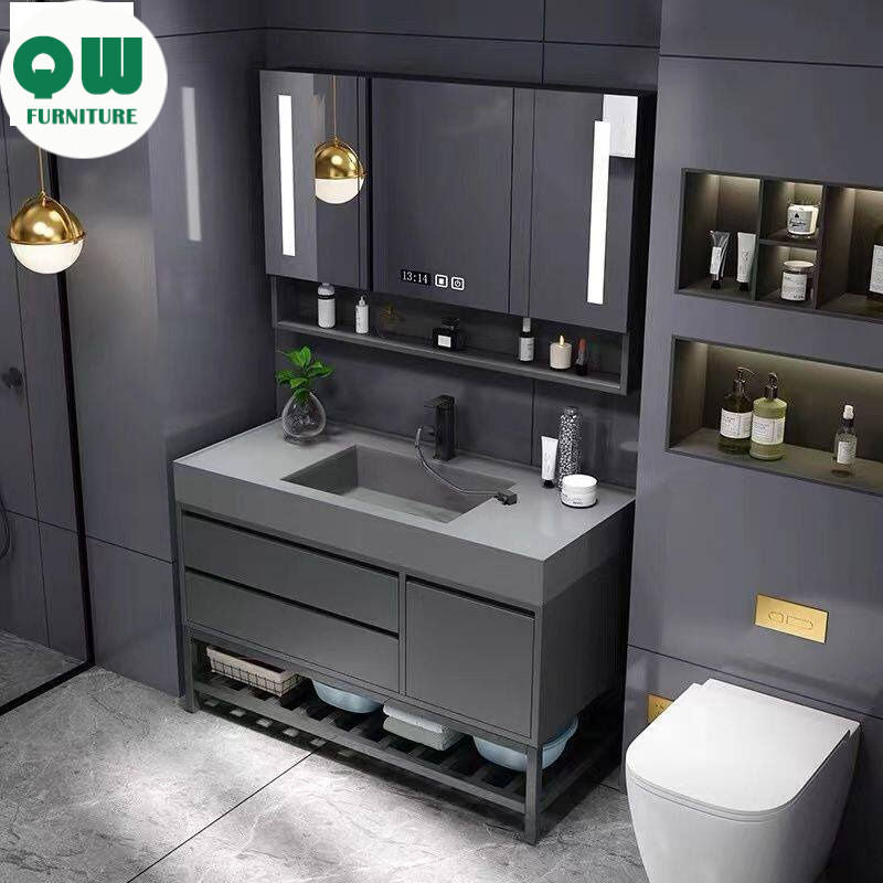 QW- Floor-mounted Basin Smart Mirror Real Wood Storage Cabinet in Bathroom