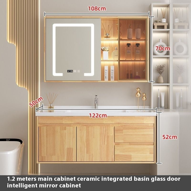 Set Singki Cermin Pintar Kabinet Penyimpanan Kayu Oak QW- di Bilik Mandi 