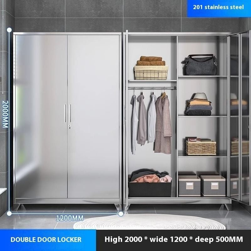 Stainless Steel Wardrobe Home Bedroom Sliding Door Hanging Closet High Capacity Storage Cabinet Balcony All In One Locker
