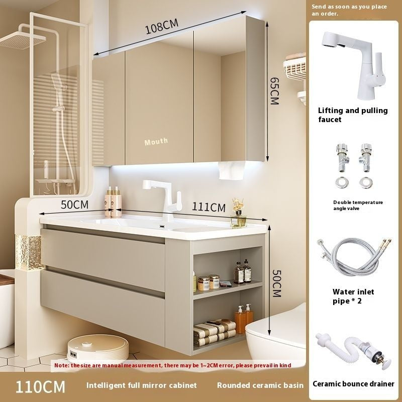 QW- Gray Solid Wood Storage Smart Mirror Cabinet Bathroom Ceramic Basin