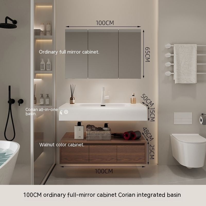 QW- Cermin Pintar daripada Kayu Walnut dengan Singki Bersepadu dan Kabinet Penyimpanan Bilik Mandi 