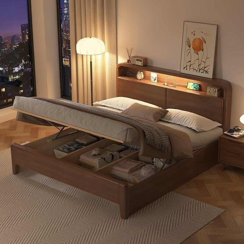 Modern Simple Solid Wood Bed, Multiple Sizes Storage, With USB