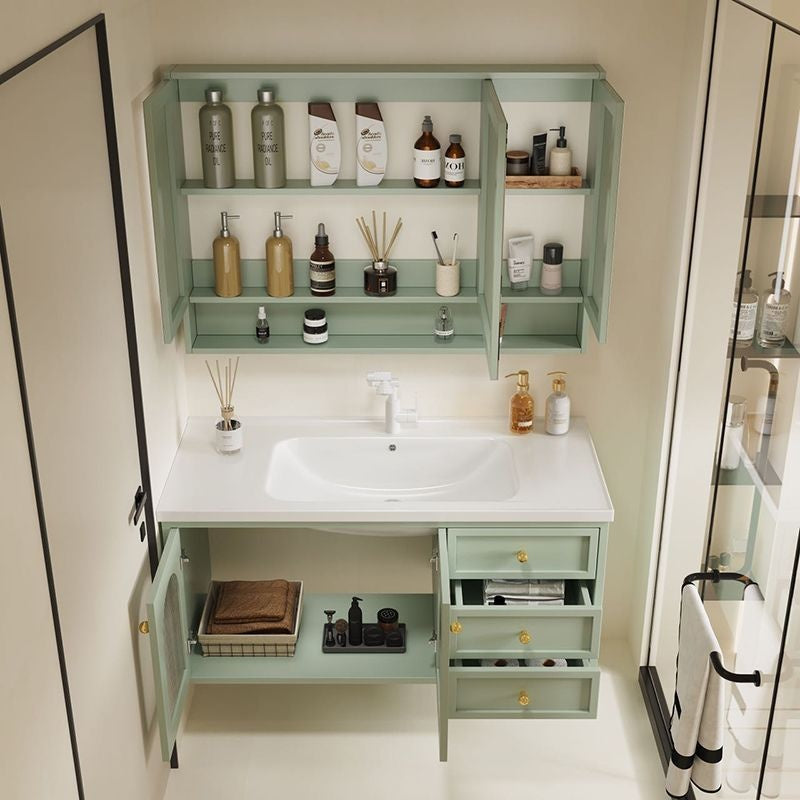 QW- Solid Wood Storage Smart Glass Cabinet Bathroom Ceramic Basin