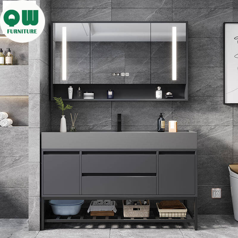 QW- Floor-mounted Basin Smart Mirror Real Wood Storage Cabinet in Bathroom