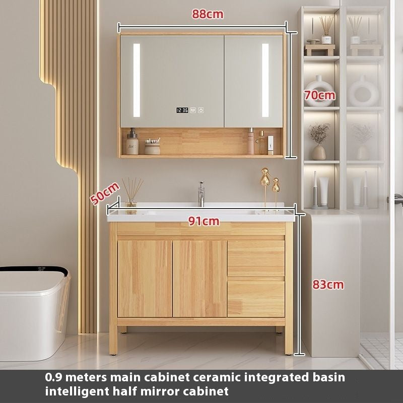 Set Singki Cermin Pintar Kabinet Penyimpanan Kayu Oak QW- di Bilik Mandi 