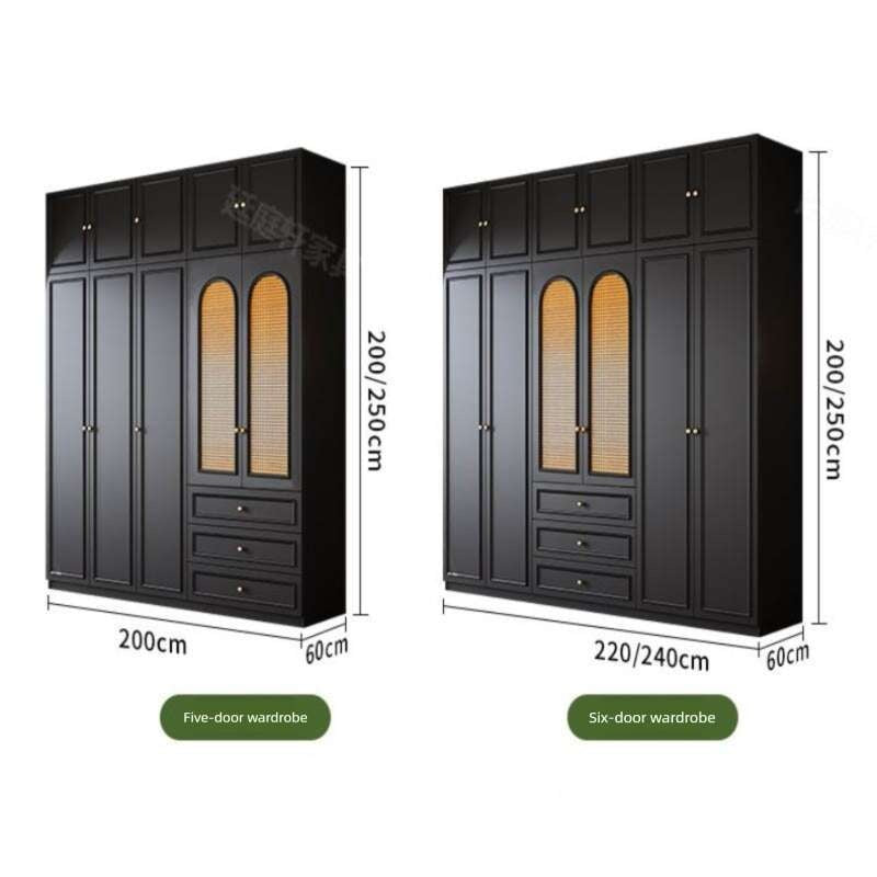 Black Real Wood Wardrobe with Rattan Doors for Home Bedroom small apartment American and French styles