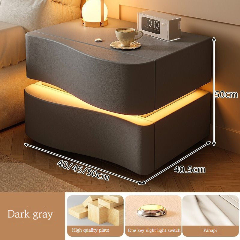 Cream Style Table, Home Bedside Storage Cabinet, Modern Solid Wood Bedroom, Smart Belt Light