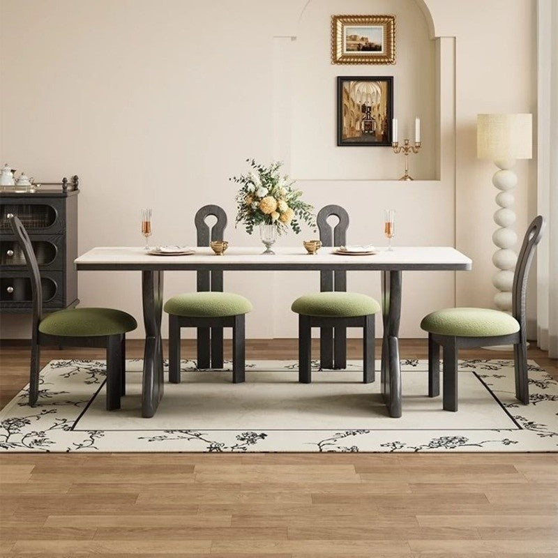 Set meja makan gaya Perancis, granit hitam elegan, kayu asli premium, bentuk segi empat sama untuk rumah kecil.