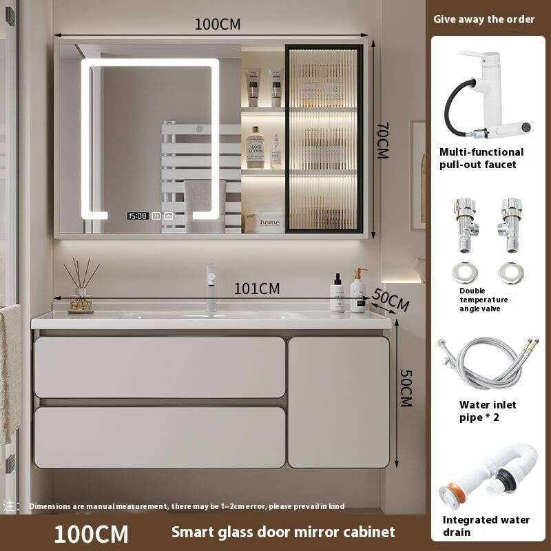 QW- Kabinet simpanan kayu asli cermin pintar di bilik mandi, sinki bilik mandi 