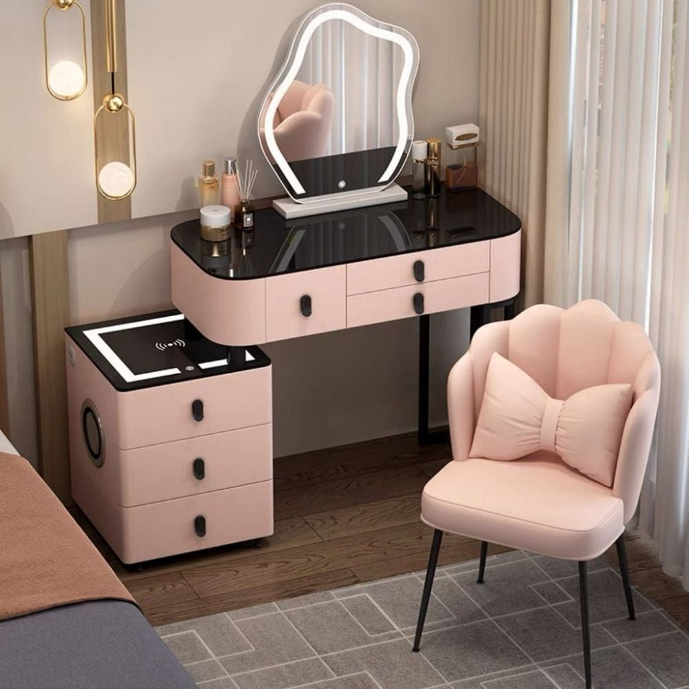 Kabinet Solek Kayu Asli Pintar, Pengecasan Tanpa Wayar, Gaya Nordik Elegan untuk Bilik Tidur Meja solek moden yang ringkas Boleh berfungsi dalam pelbagai cara