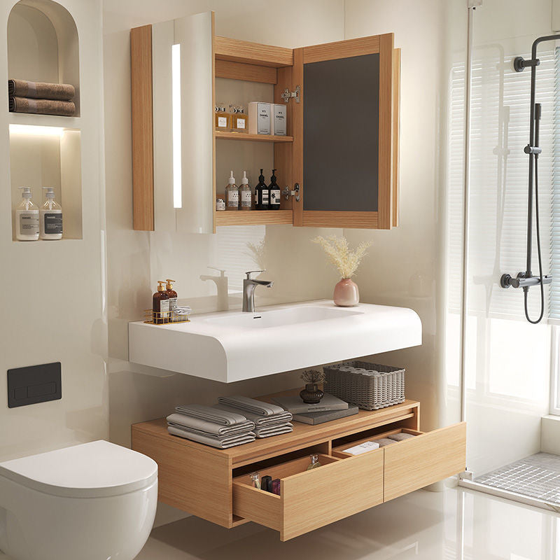 Set Singki Bilik Mandi Kabinet Cermin Pintar Penyimpanan Kayu Padu QW- 