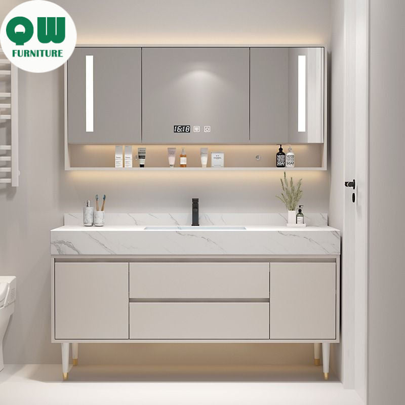 QW- Customized Solid Wood Storage Smart Mirror Cabinet Bathroom Sink Set