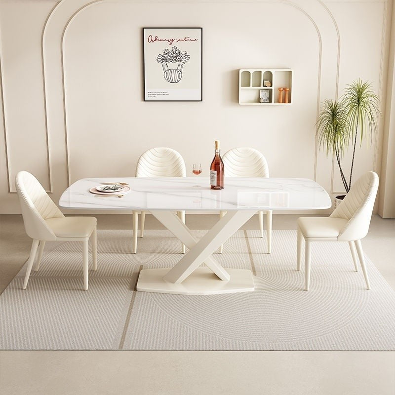 Modern Cream White Stone Table Set with Chairs - Stylish Home Dining Solution