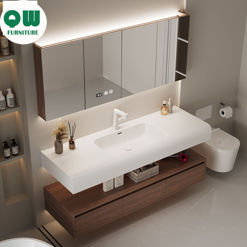 QW- Smart Mirror from Walnut Wood with Integrated Washbasin and Bathroom Storage Cabinet