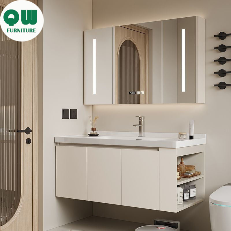 QW- Set kabinet kayu asli dengan cermin pintar dan sinki bilik mandi. 