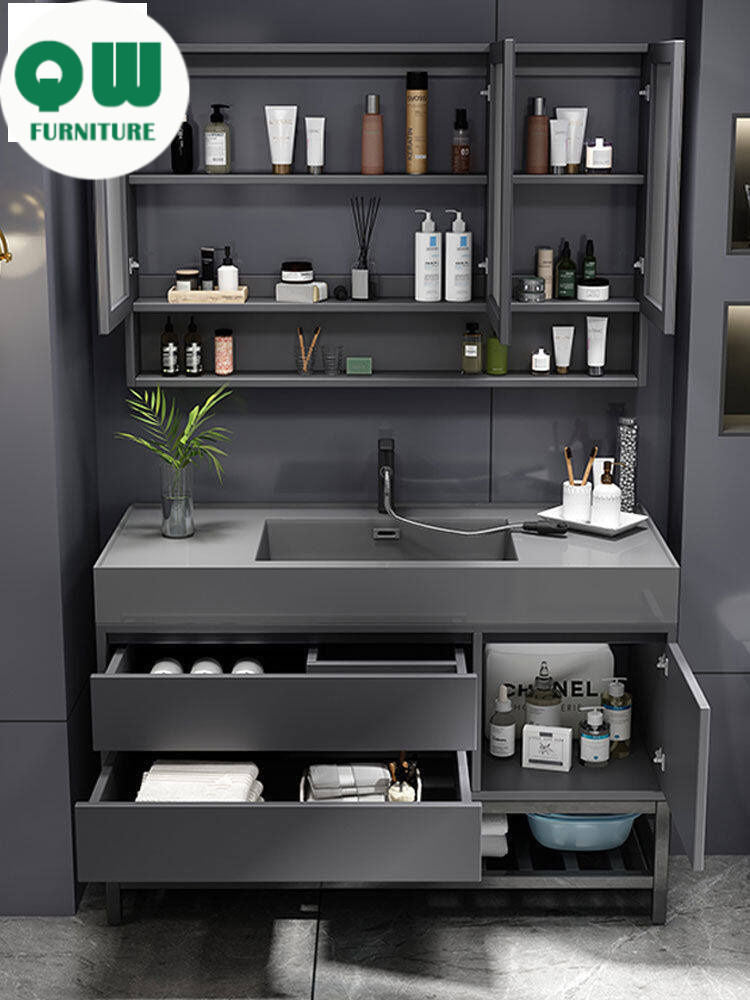 QW- Floor-mounted Basin Smart Mirror Real Wood Storage Cabinet in Bathroom