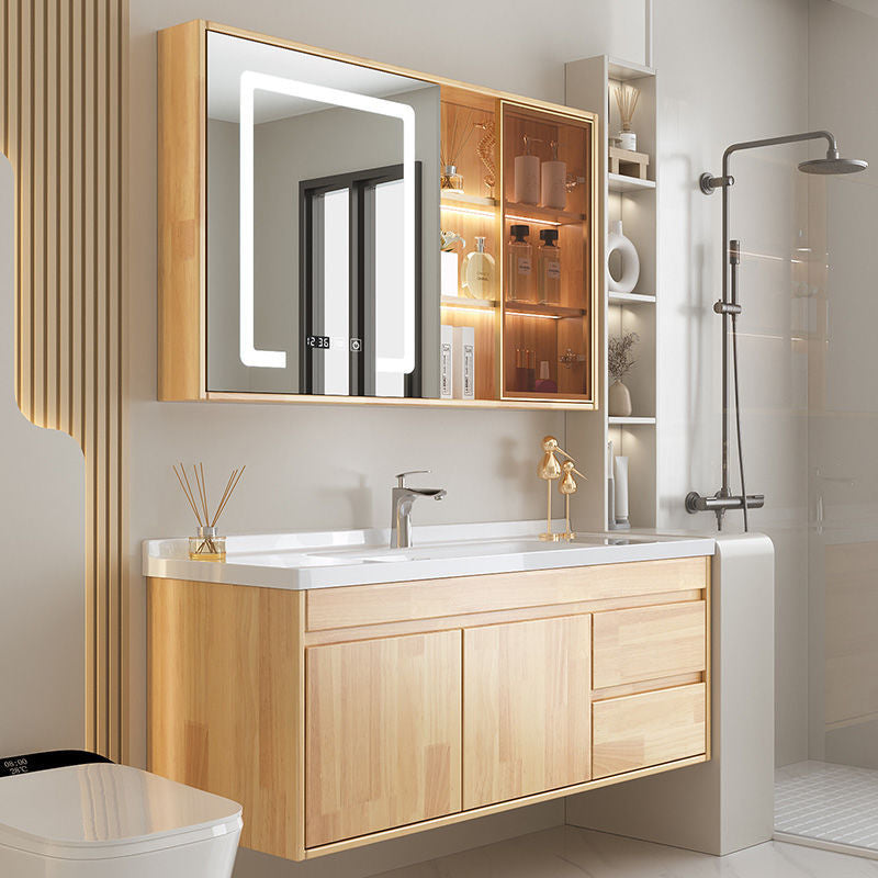 Set Singki Cermin Pintar Kabinet Penyimpanan Kayu Oak QW- di Bilik Mandi 