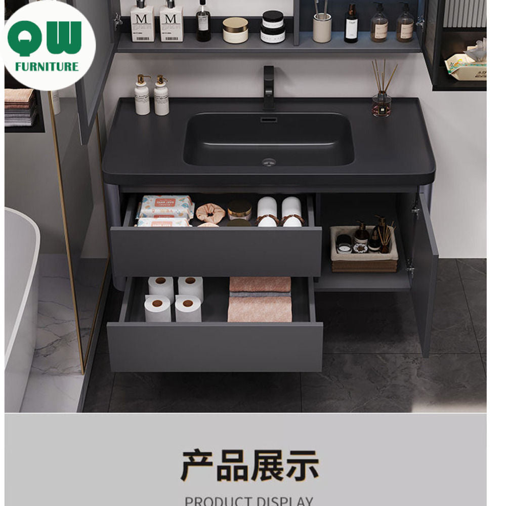 QW- Bathroom storage with smart mirror and black glass cabinet made of real wood.