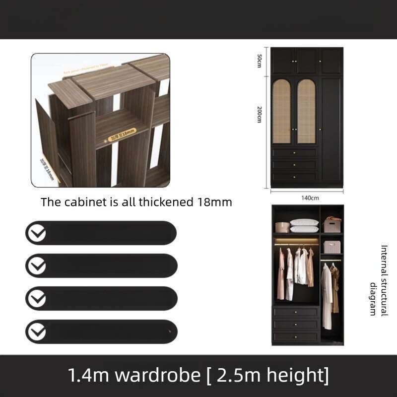 Black Real Wood Wardrobe with Rattan Doors for Home Bedroom small apartment American and French styles