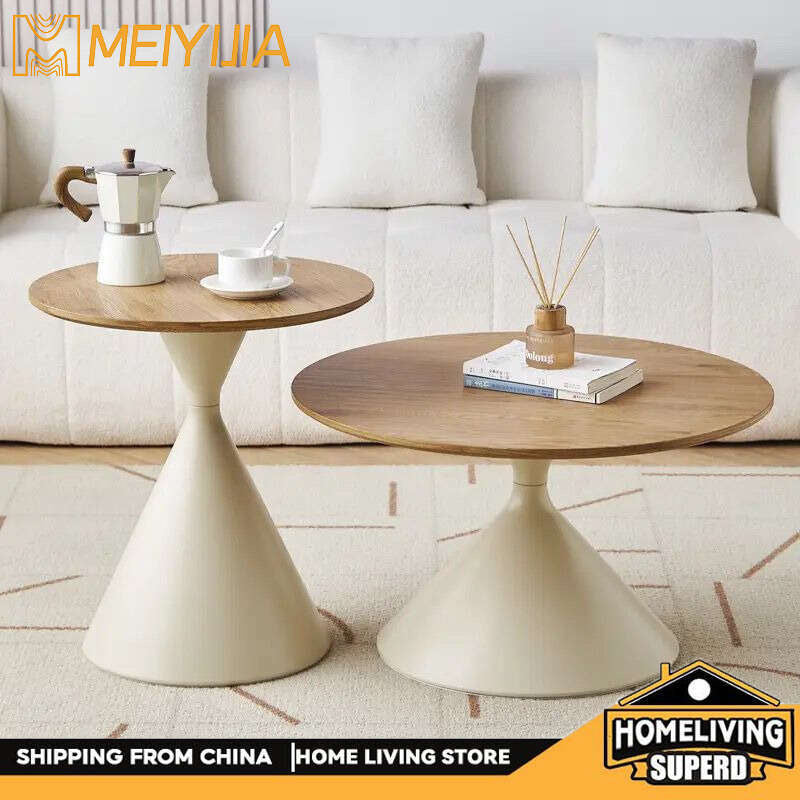 Meja teh kayu padu, gaya Nordik, untuk ruang tamu rumah, reka bentuk campuran, moden, ringkas, bentuk bulat.