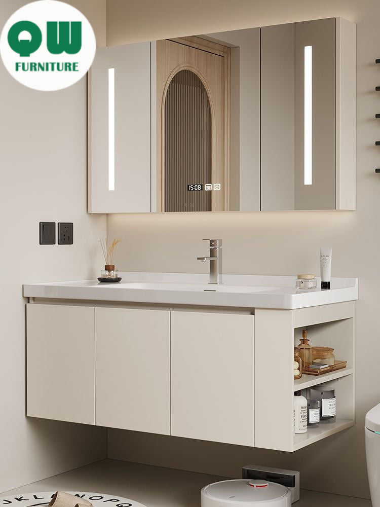 QW- Set kabinet kayu asli dengan cermin pintar dan sinki bilik mandi. 