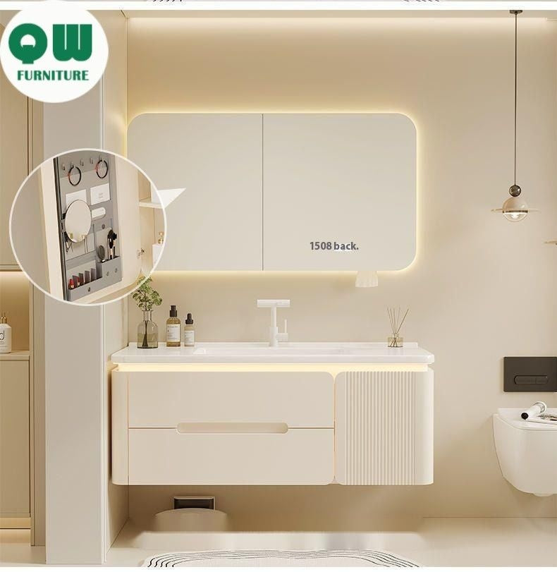 QW- Cream Color Storage Smart Glass Cabinet Bathroom Basin