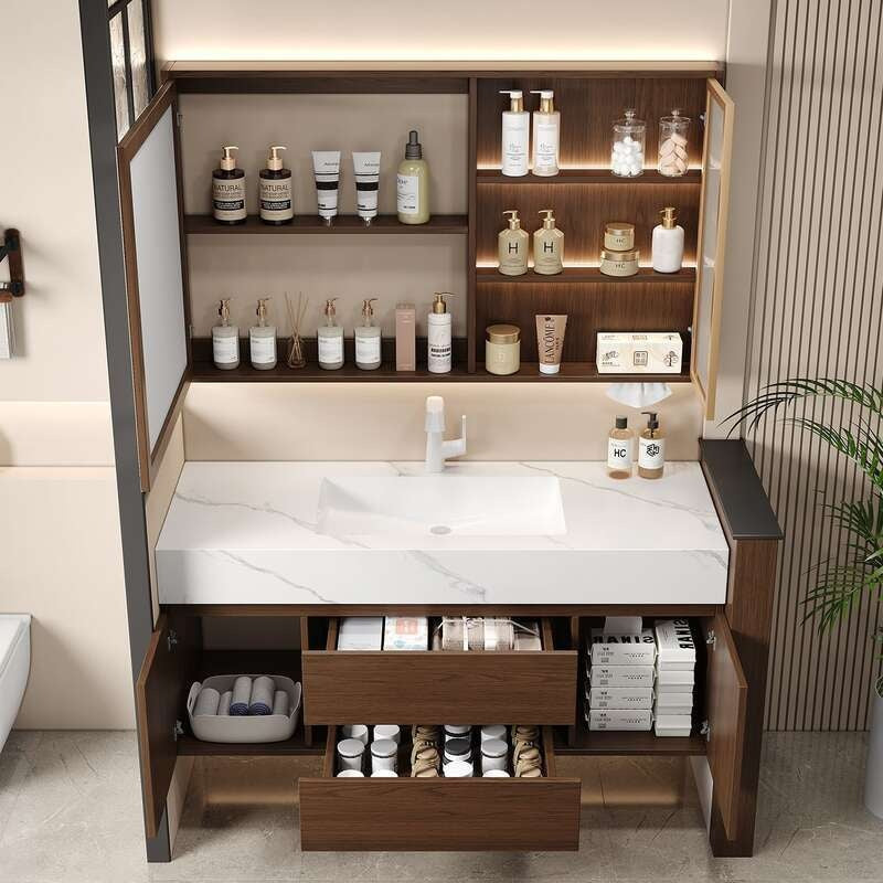 QW- Custom-made Real Wood Storage Smart Mirror Cabinet for Bathroom, Bathroom Sink Set