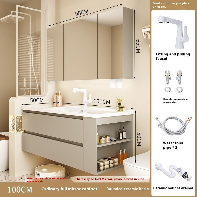 QW- Gray Solid Wood Storage Smart Mirror Cabinet Bathroom Ceramic Basin