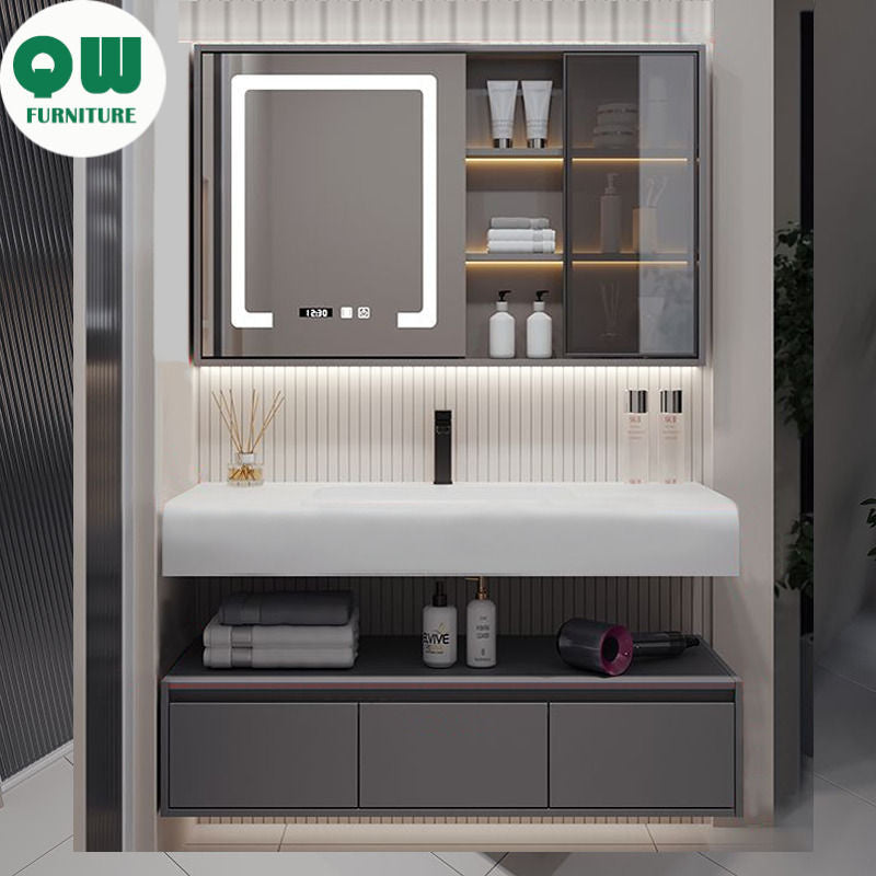 QW- Solid Wood Storage Smart Mirror Cabinet Bathroom Hand Washing Stone