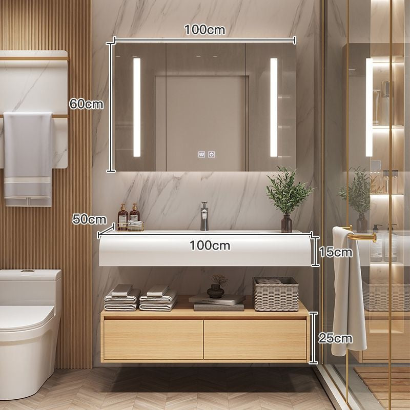 Set Singki Bilik Mandi Kabinet Cermin Pintar Penyimpanan Kayu Padu QW- 