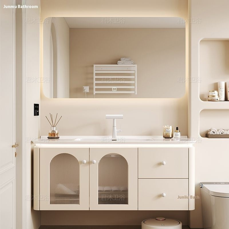 QW- Cream Color Storage Smart Mirror Cabinet Bathroom Sink Set