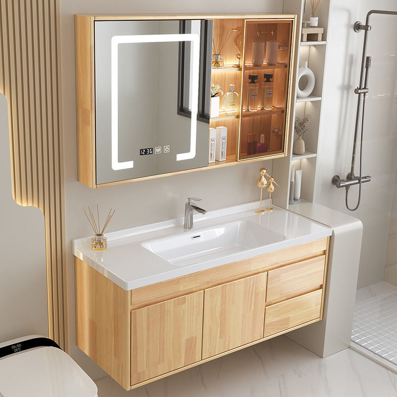 Set Singki Cermin Pintar Kabinet Penyimpanan Kayu Oak QW- di Bilik Mandi 