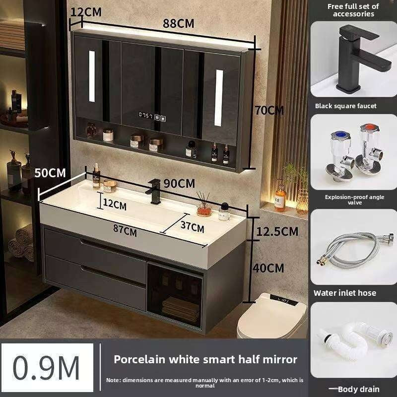 Set Kabinet Penyimpanan Kayu Asli QW- Cermin Pintar di Sinki Bilik Mandi 