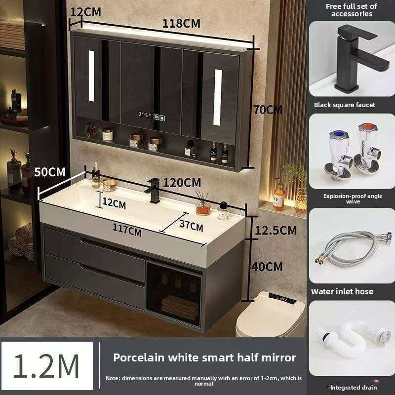 Set Kabinet Penyimpanan Kayu Asli QW- Cermin Pintar di Sinki Bilik Mandi 