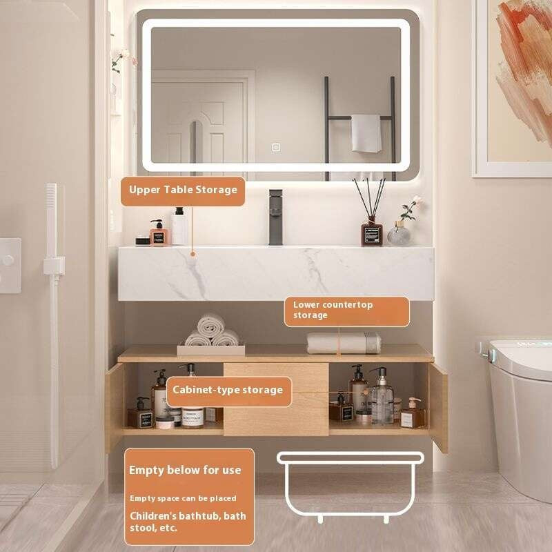 QW- Kabinet simpanan kayu asli cermin pintar di bilik mandi, sinki bilik mandi 