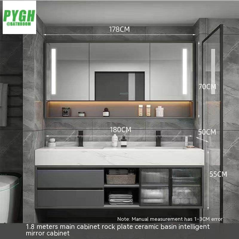 QW- Set Besen Besar dengan Cermin Pintar dan Kabinet Penyimpanan Kayu Asli untuk Bilik Mandi 