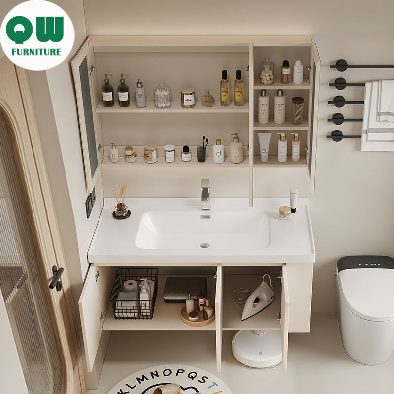 QW- Set kabinet kayu asli dengan cermin pintar dan sinki bilik mandi. 