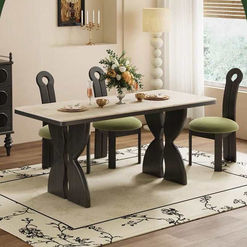Set meja makan gaya Perancis, granit hitam elegan, kayu asli premium, bentuk segi empat sama untuk rumah kecil.