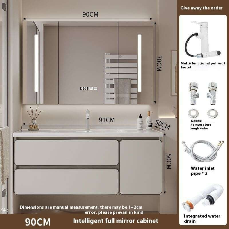 QW- Kabinet simpanan kayu asli cermin pintar di bilik mandi, sinki bilik mandi 