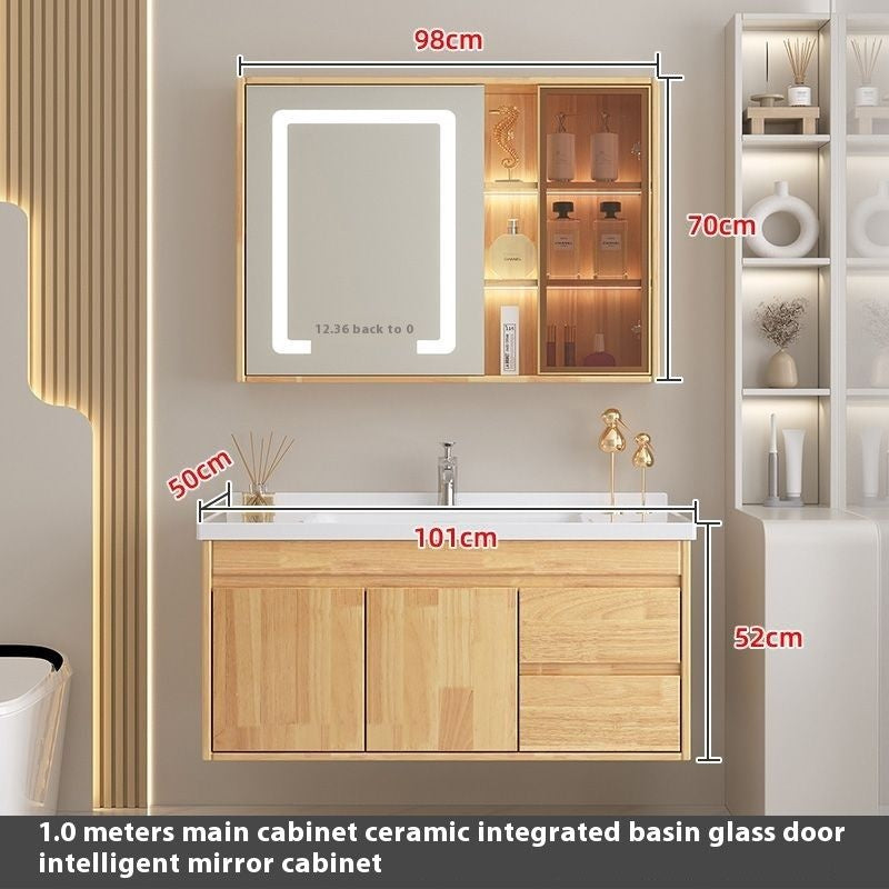 Set Singki Cermin Pintar Kabinet Penyimpanan Kayu Oak QW- di Bilik Mandi 