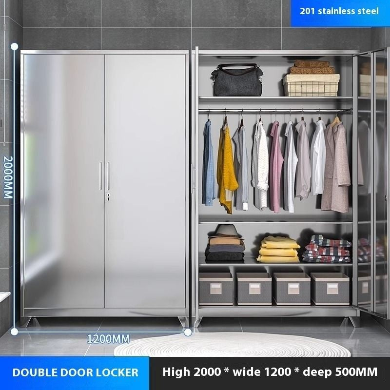 Stainless Steel Wardrobe Home Bedroom Sliding Door Hanging Closet High Capacity Storage Cabinet Balcony All In One Locker