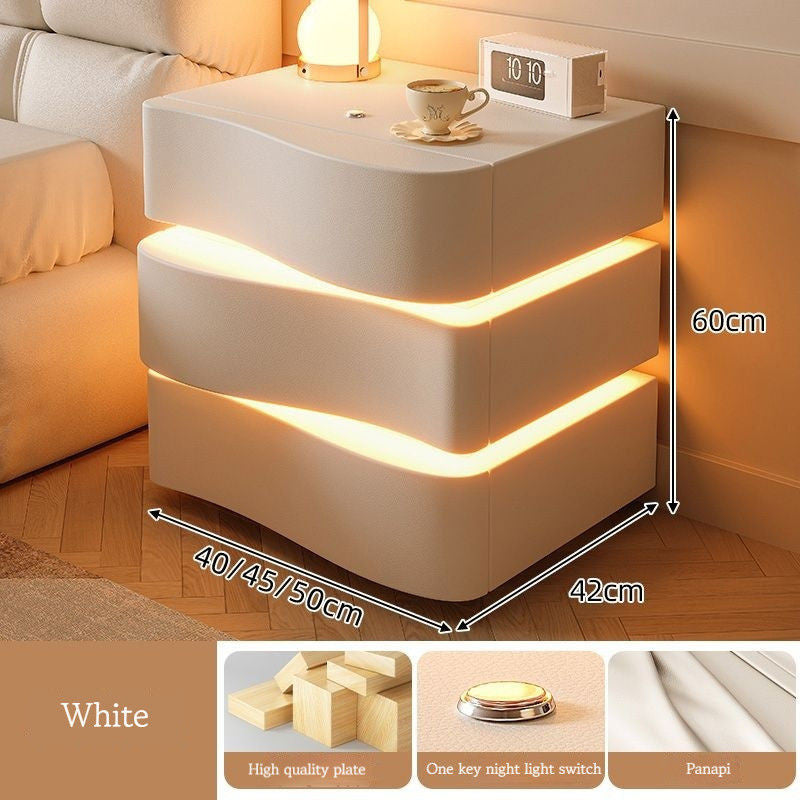 Cream Style Table, Home Bedside Storage Cabinet, Modern Solid Wood Bedroom, Smart Belt Light