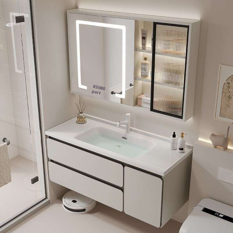 QW- Kabinet simpanan kayu asli cermin pintar di bilik mandi, sinki bilik mandi 